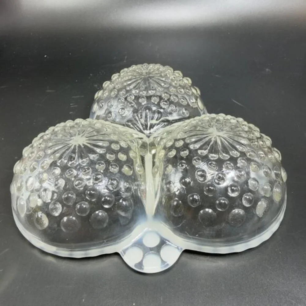 Anchor Hocking Moonstone Clear Opalescent Hobnail Relish Dish 3 Parts Glass Dish